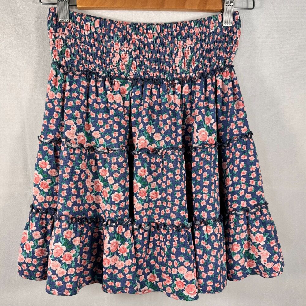 American Eagle Mini Skirt Sz XS Lined Flare shirred waistline blue pink flowers